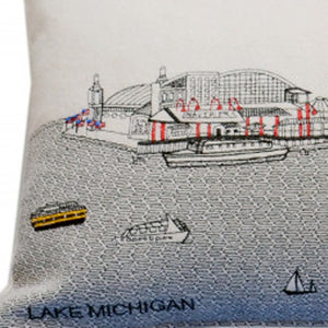 HomeRoots 35" Chic White Chicago Daylight Skyline Lumbar Pillow – Embroidered Comfort for Home Décor Lovers! 482548