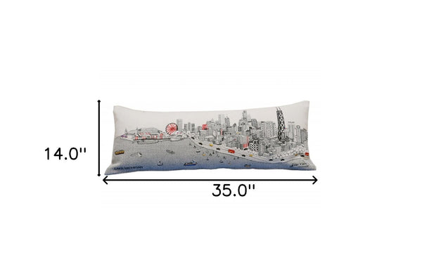 HomeRoots 35" Chic White Chicago Daylight Skyline Lumbar Pillow – Embroidered Comfort for Home Décor Lovers! 482548