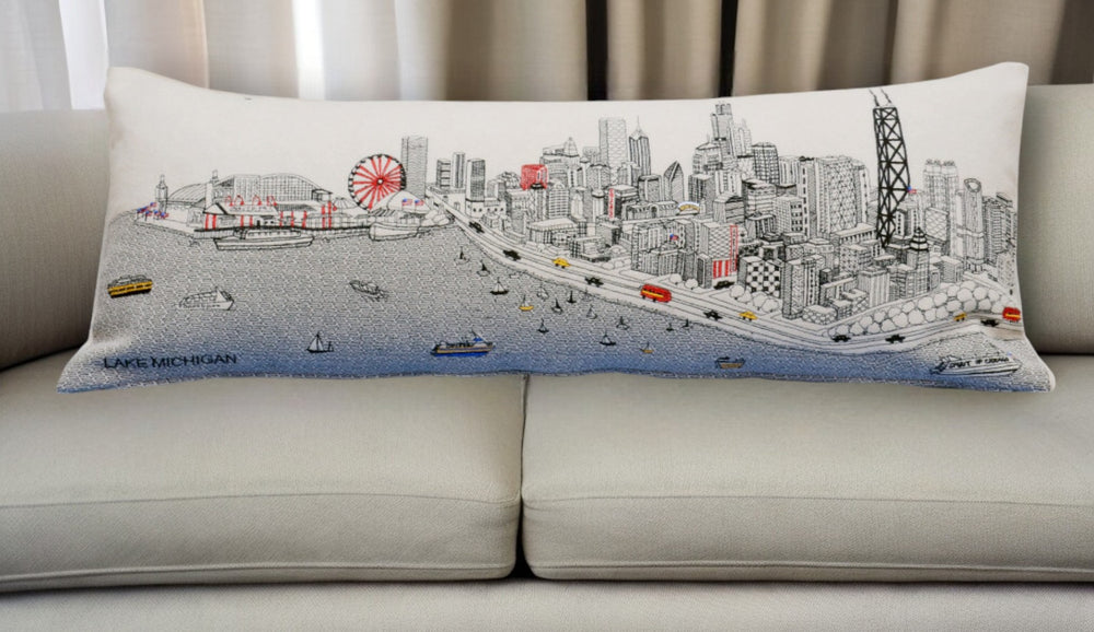 HomeRoots 35" Chic White Chicago Daylight Skyline Lumbar Pillow – Embroidered Comfort for Home Décor Lovers! 482548