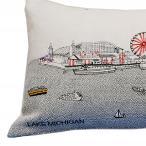 HomeRoots 35" Chic White Chicago Daylight Skyline Lumbar Pillow – Embroidered Comfort for Home Décor Lovers! 482548