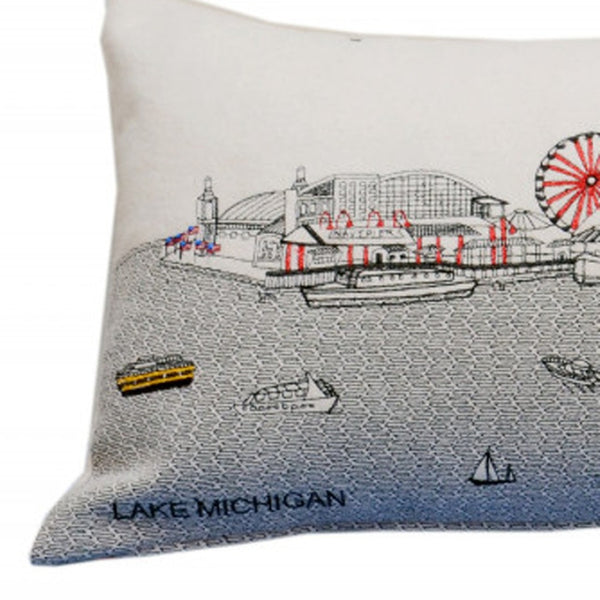 HomeRoots 35" Chic White Chicago Daylight Skyline Lumbar Pillow – Embroidered Comfort for Home Décor Lovers! 482548