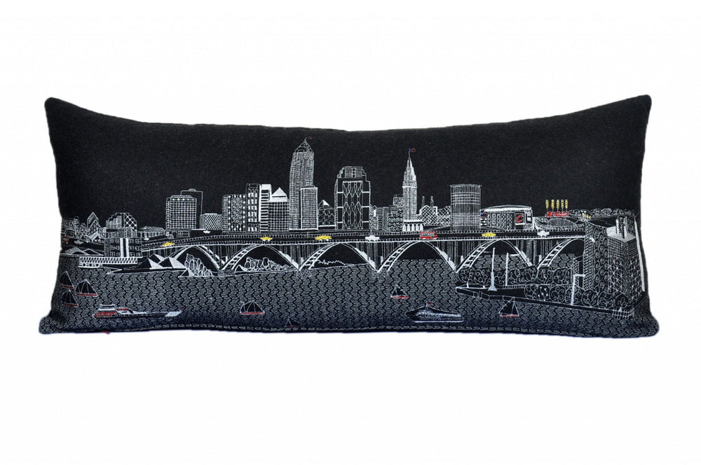 HomeRoots 35" Black Cleveland Skyline Lumbar Pillow – Elegant Nighttime Cityscape Accent with Comfort Support 482549