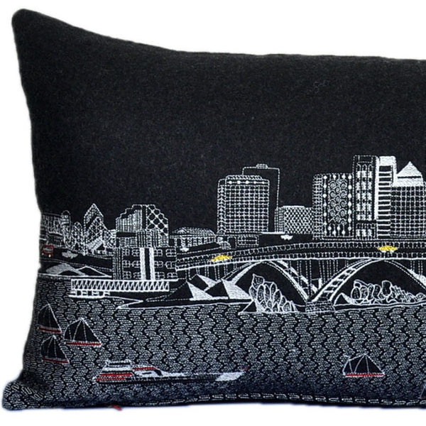 HomeRoots 35" Black Cleveland Skyline Lumbar Pillow – Elegant Nighttime Cityscape Accent with Comfort Support 482549