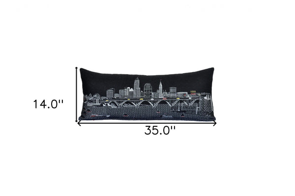 HomeRoots 35" Black Cleveland Skyline Lumbar Pillow – Elegant Nighttime Cityscape Accent with Comfort Support 482549