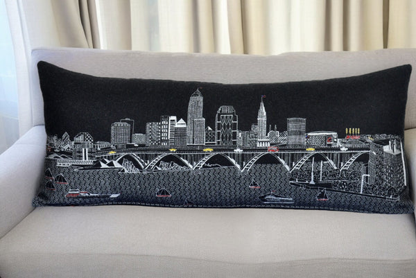HomeRoots 35" Black Cleveland Skyline Lumbar Pillow – Elegant Nighttime Cityscape Accent with Comfort Support 482549