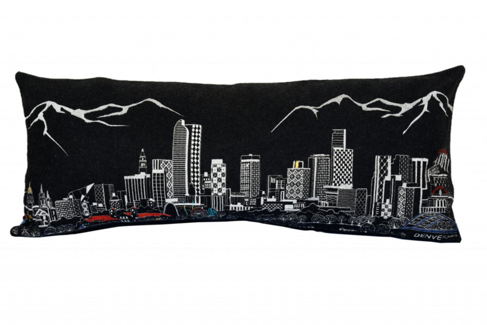 HomeRoots 35" Black Denver Nighttime Skyline Lumbar Pillow - Cozy Support with Embroidered Cityscape Elegance 482553