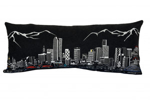 HomeRoots 35" Black Denver Nighttime Skyline Lumbar Pillow - Cozy Support with Embroidered Cityscape Elegance 482553