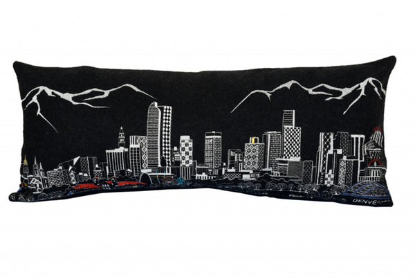HomeRoots 35" Black Denver Nighttime Skyline Lumbar Pillow - Cozy Support with Embroidered Cityscape Elegance 482553