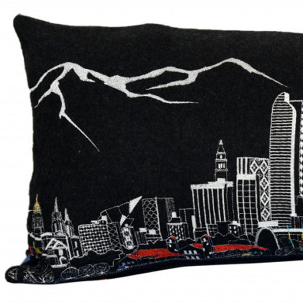 HomeRoots 35" Black Denver Nighttime Skyline Lumbar Pillow - Cozy Support with Embroidered Cityscape Elegance 482553