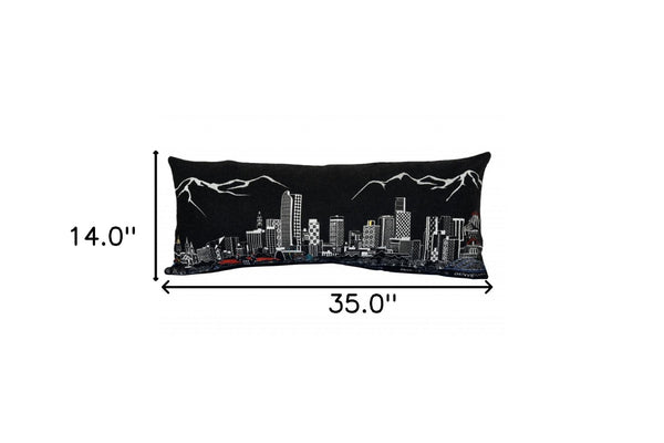 HomeRoots 35" Black Denver Nighttime Skyline Lumbar Pillow - Cozy Support with Embroidered Cityscape Elegance 482553