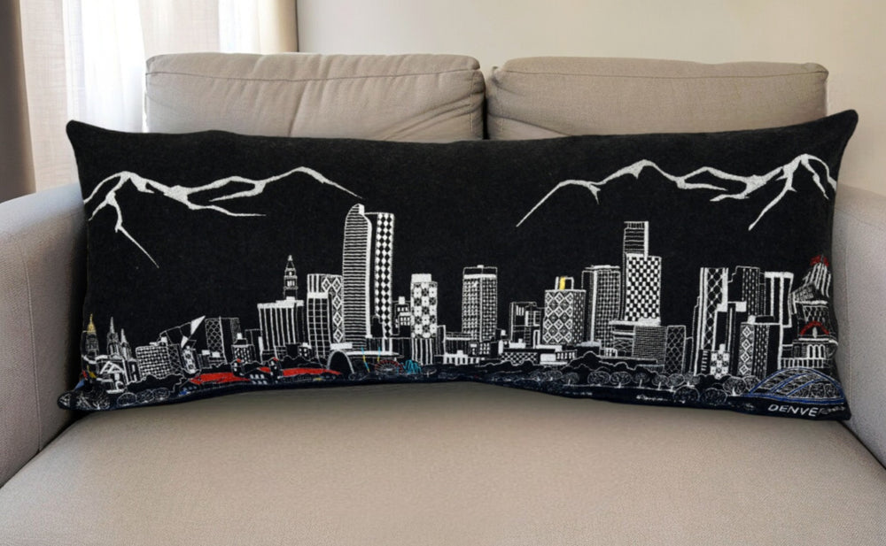 HomeRoots 35" Black Denver Nighttime Skyline Lumbar Pillow - Cozy Support with Embroidered Cityscape Elegance 482553