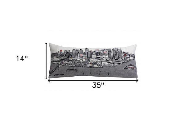 HomeRoots 35" White Detroit Daylight Skyline Lumbar Pillow – Artistic Cityscape Design for Home & Office Décor 482556
