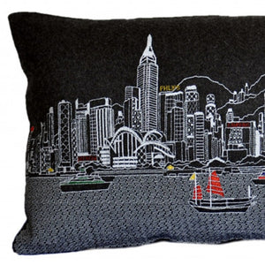 HomeRoots 14" Urban Wool Lumbar Throw Pillow with Hong Kong Skyline - Modern Back Support for Home Decor 482559