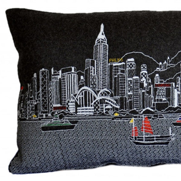 HomeRoots 14" Urban Wool Lumbar Throw Pillow with Hong Kong Skyline - Modern Back Support for Home Decor 482559
