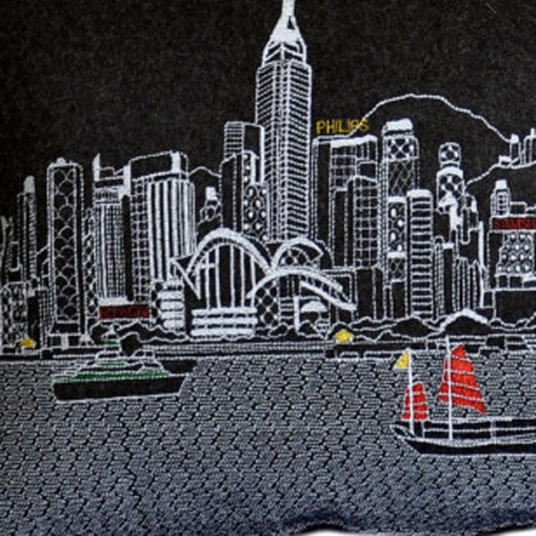 HomeRoots 14" Urban Wool Lumbar Throw Pillow with Hong Kong Skyline - Modern Back Support for Home Decor 482559