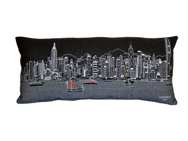 HomeRoots 14" Urban Wool Lumbar Throw Pillow with Hong Kong Skyline - Modern Back Support for Home Decor 482559