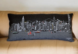 HomeRoots 14" Urban Wool Lumbar Throw Pillow with Hong Kong Skyline - Modern Back Support for Home Decor 482559