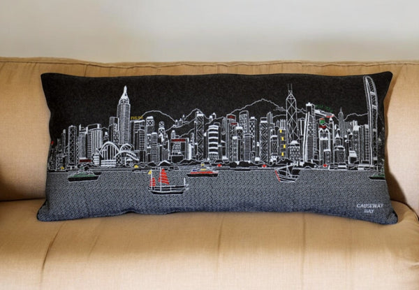 HomeRoots 14" Urban Wool Lumbar Throw Pillow with Hong Kong Skyline - Modern Back Support for Home Decor 482559
