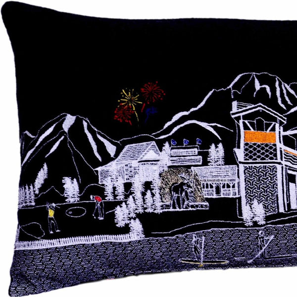 HomeRoots 35" Black Jackson Skyline Lumbar Pillow - Modern Embroidered Cityscape for Stylish Home Decor 482565