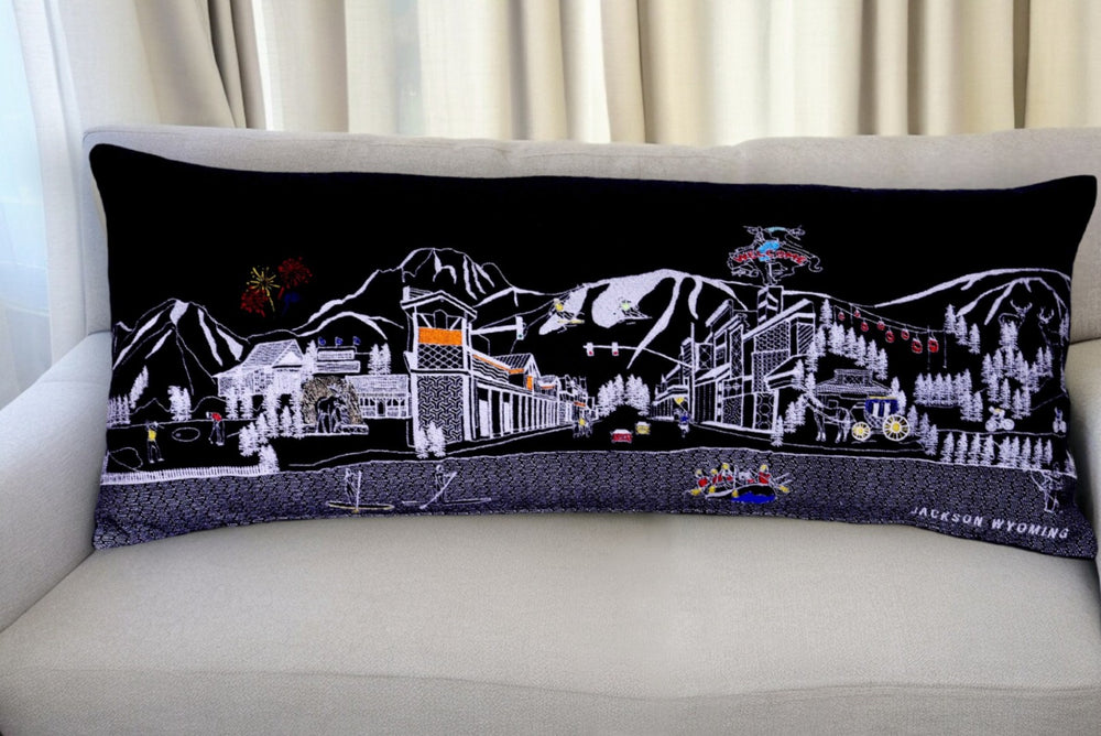 HomeRoots 35" Black Jackson Skyline Lumbar Pillow - Modern Embroidered Cityscape for Stylish Home Decor 482565