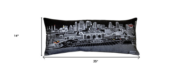 HomeRoots 14" Cozy Kansas City Wool Lumbar Throw Pillow - Stylish Black, Gray, and White Cityscape Design 482567