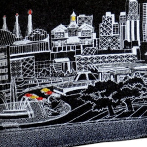HomeRoots 14" Cozy Kansas City Wool Lumbar Throw Pillow - Stylish Black, Gray, and White Cityscape Design 482567