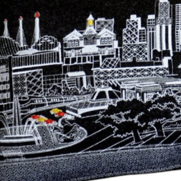HomeRoots 14" Cozy Kansas City Wool Lumbar Throw Pillow - Stylish Black, Gray, and White Cityscape Design 482567