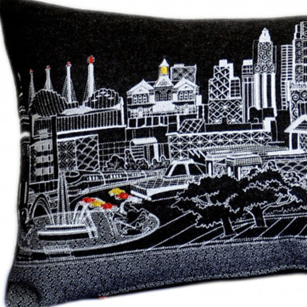 HomeRoots 14" Cozy Kansas City Wool Lumbar Throw Pillow - Stylish Black, Gray, and White Cityscape Design 482567