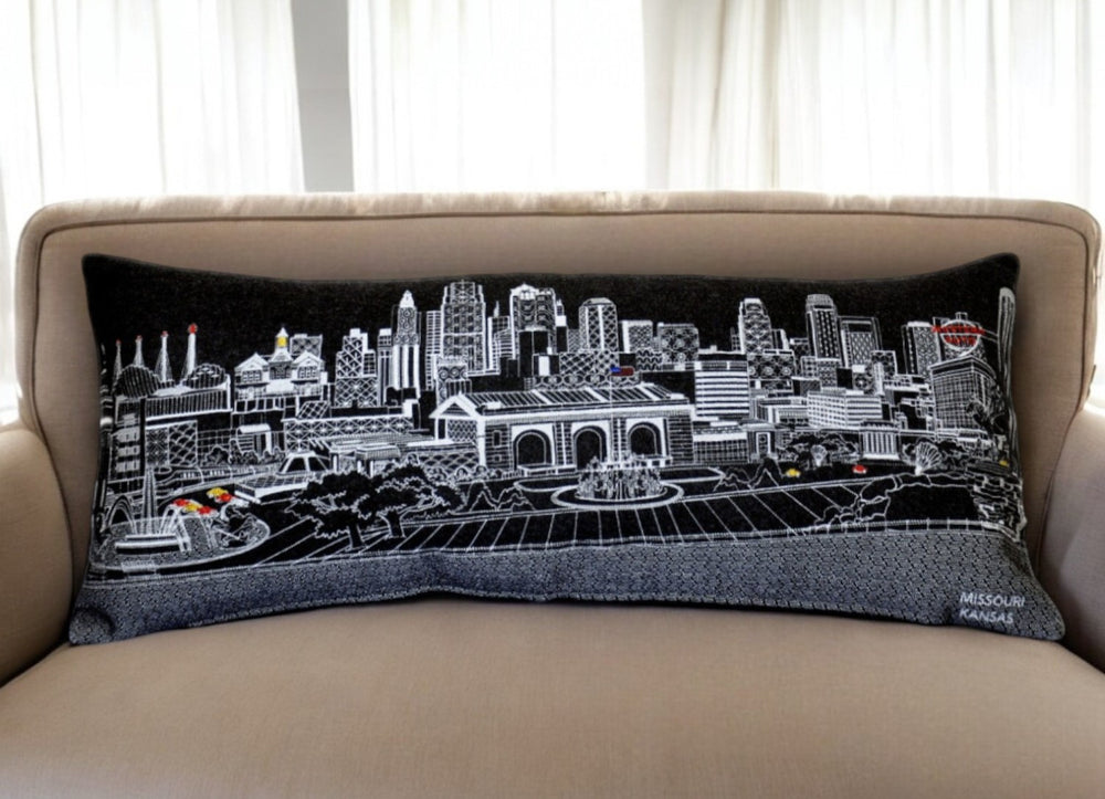 HomeRoots 14" Cozy Kansas City Wool Lumbar Throw Pillow - Stylish Black, Gray, and White Cityscape Design 482567