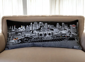 HomeRoots 14" Cozy Kansas City Wool Lumbar Throw Pillow - Stylish Black, Gray, and White Cityscape Design 482567