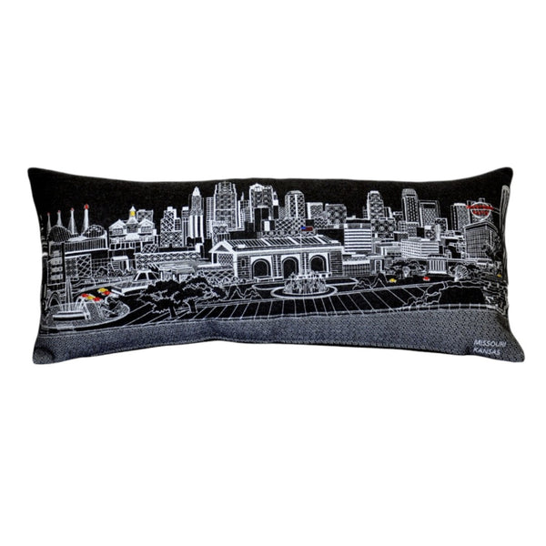 HomeRoots 14" Cozy Kansas City Wool Lumbar Throw Pillow - Stylish Black, Gray, and White Cityscape Design 482567