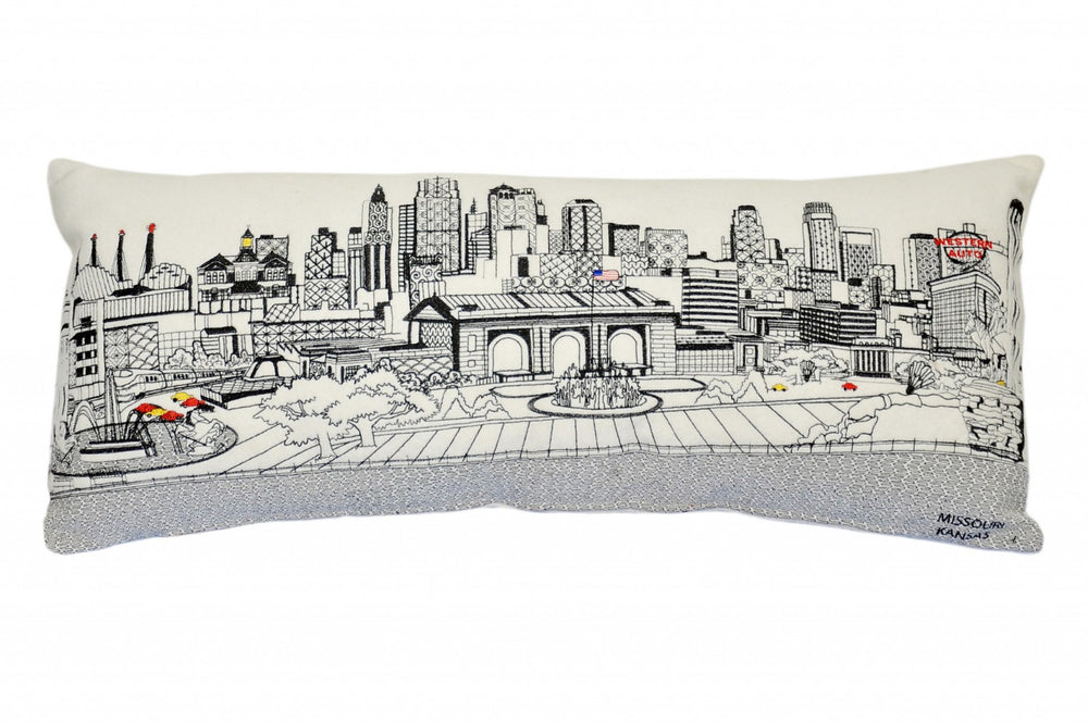 HomeRoots 14" Vintage Cream Wool Lumbar Throw Pillow with Kansas City Skyline – Cozy, Stylish Home Accent 482568