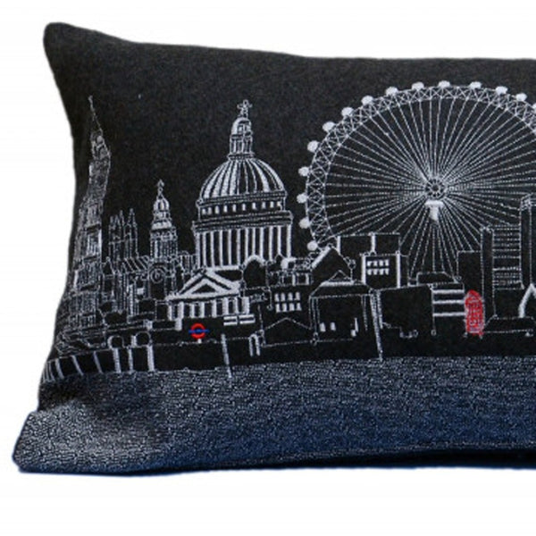 HomeRoots 14" Urban Charm Wool Lumbar Pillow - Black, Gray & White Cityscape Design for Cozy Comfort & Style 482573