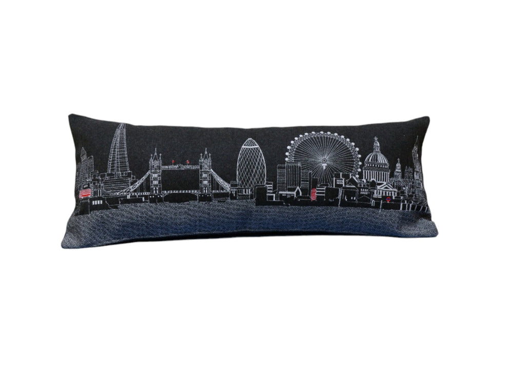 HomeRoots 14" Urban Charm Wool Lumbar Pillow - Black, Gray & White Cityscape Design for Cozy Comfort & Style 482573