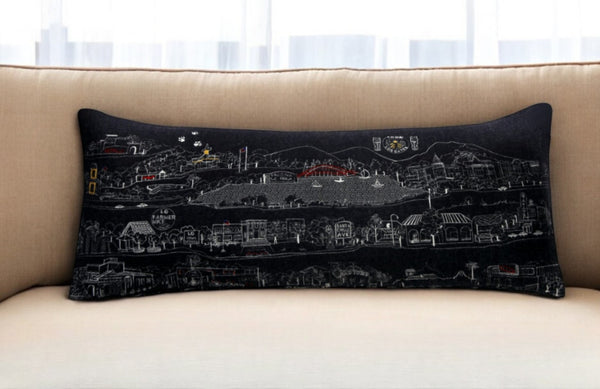 HomeRoots 14" Striking Wool Lumbar Throw Pillow - Stylish Los Gatos Cityscape in Black, Gray & White Design 482575