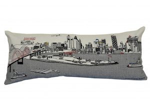 HomeRoots 35" White Memphis Skyline Lumbar Pillow - Hand-Stitched Cityscape Design for Stylish Comfort & Gift 482582