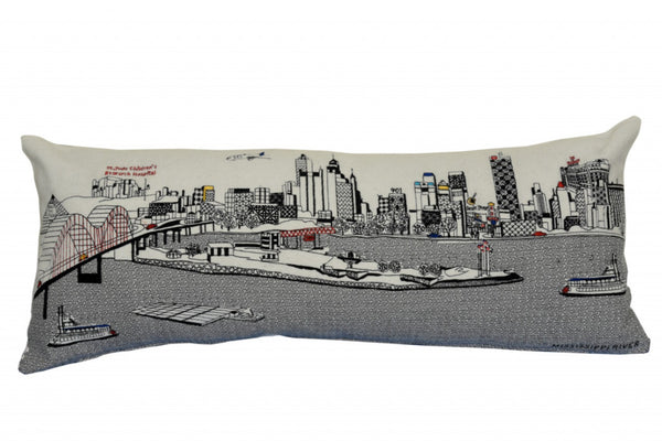 HomeRoots 35" White Memphis Skyline Lumbar Pillow - Hand-Stitched Cityscape Design for Stylish Comfort & Gift 482582