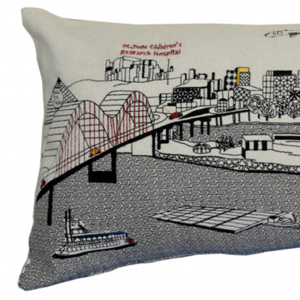 HomeRoots 35" White Memphis Skyline Lumbar Pillow - Hand-Stitched Cityscape Design for Stylish Comfort & Gift 482582