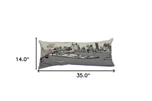 HomeRoots 35" White Memphis Skyline Lumbar Pillow - Hand-Stitched Cityscape Design for Stylish Comfort & Gift 482582