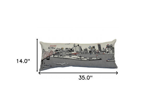 HomeRoots 35" White Memphis Skyline Lumbar Pillow - Hand-Stitched Cityscape Design for Stylish Comfort & Gift 482582
