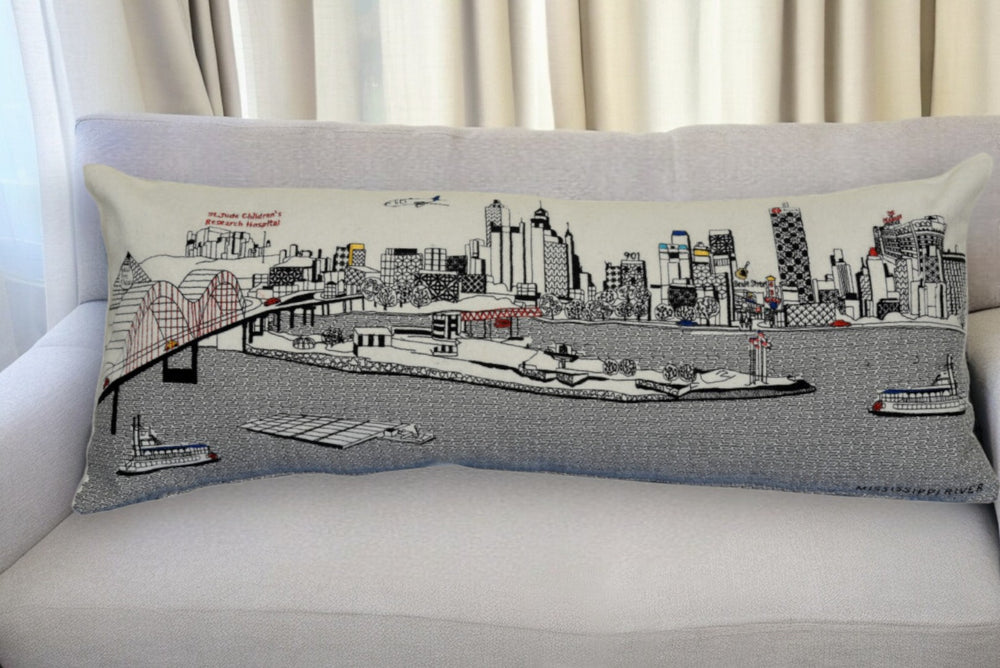 HomeRoots 35" White Memphis Skyline Lumbar Pillow - Hand-Stitched Cityscape Design for Stylish Comfort & Gift 482582
