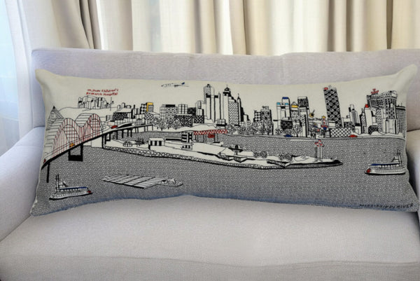 HomeRoots 35" White Memphis Skyline Lumbar Pillow - Hand-Stitched Cityscape Design for Stylish Comfort & Gift 482582