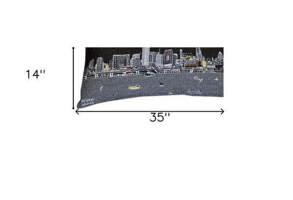 HomeRoots 14" Urban Charm Black Gray White Wool Lumbar Pillow with Miami Skyline - Stylish Support & Decor 482583