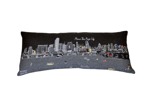 HomeRoots 14" Urban Charm Black Gray White Wool Lumbar Pillow with Miami Skyline - Stylish Support & Decor 482583
