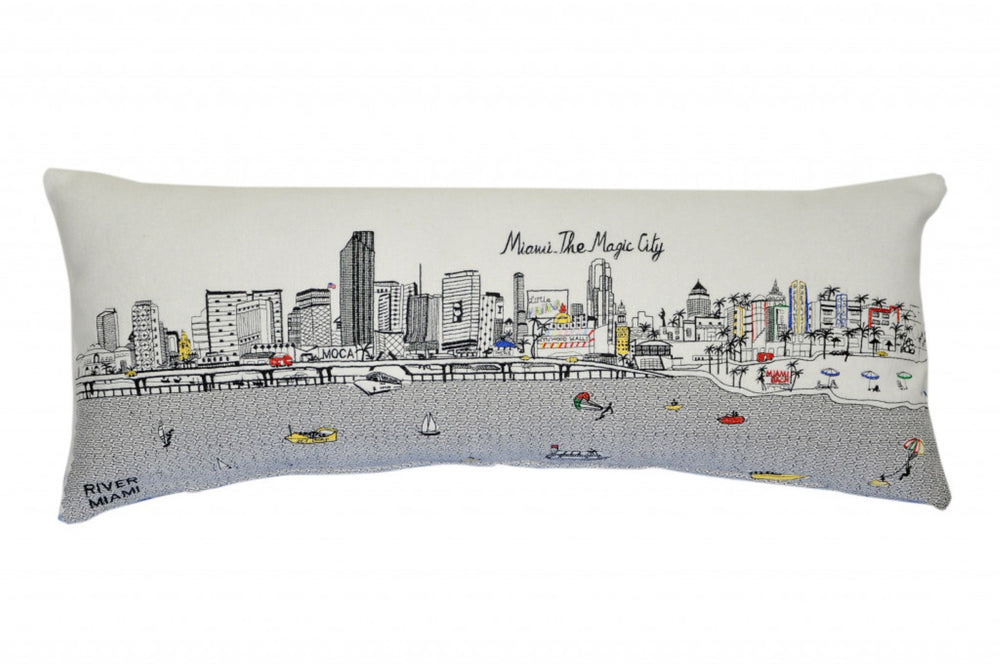 HomeRoots 35" White Miami Daylight Skyline Lumbar Pillow - Chic Embroidered Accent for Sofa or Bed Décor 482584