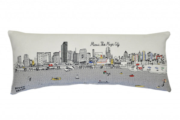 HomeRoots 35" White Miami Daylight Skyline Lumbar Pillow - Chic Embroidered Accent for Sofa or Bed Décor 482584