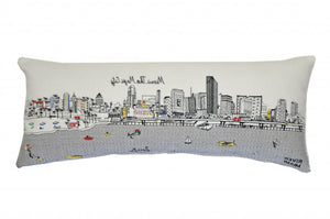 HomeRoots 35" White Miami Daylight Skyline Lumbar Pillow - Chic Embroidered Accent for Sofa or Bed Décor 482584