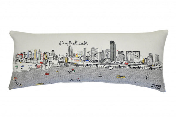 HomeRoots 35" White Miami Daylight Skyline Lumbar Pillow - Chic Embroidered Accent for Sofa or Bed Décor 482584