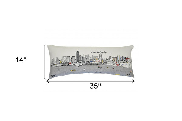 HomeRoots 35" White Miami Daylight Skyline Lumbar Pillow - Chic Embroidered Accent for Sofa or Bed Décor 482584