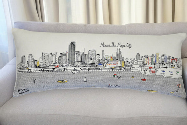 HomeRoots 35" White Miami Daylight Skyline Lumbar Pillow - Chic Embroidered Accent for Sofa or Bed Décor 482584